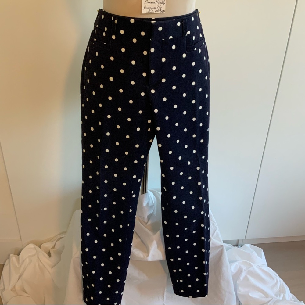 Banana Republic “Sloan” navy pant with white polka dots